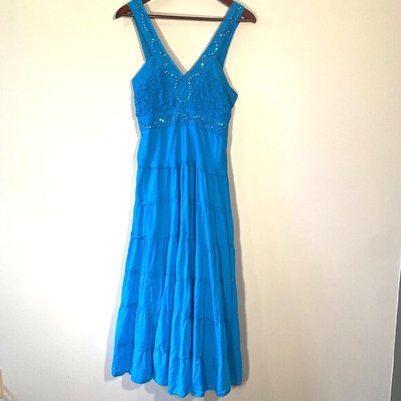 Double Decker Dresses & Skirts - Double Decker 100% Cotton Maxi Dress Tiered Embellished Crochet Sleeveless Boho